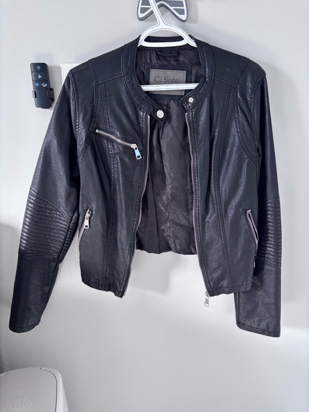 Ci Sono Black Faux Leather Moto Jacket with Quilted Sleeve Panels